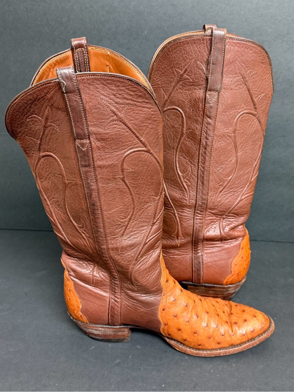 Lucchese Two-Tone Brown and Tan Ostrich-Accent Heeled Boots - Picture 8 of 11